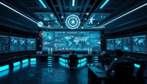 A sleek, futuristic command center, with a massive holographic display in the center showcasing real-time in-game analytics. Tactical AI algorithms process a deluge of player tracking data, generating insights and visualizations. Stylized icons, graphs, and heat maps float in the air, illuminating strategic decision-making. The scene is bathed in a cool, blue-tinted lighting, creating an atmosphere of precision and innovation. Large viewscreens line the walls, providing a comprehensive overview of the match state. A team of analysts, clad in technical uniforms, study the data intently, formulating winning adjustments. Orla framework