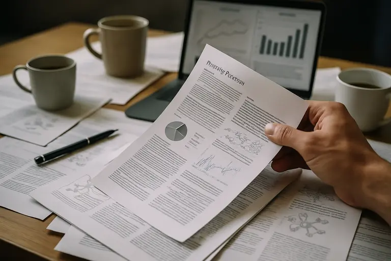 Policy analysts comparing research funding charts in a conference room