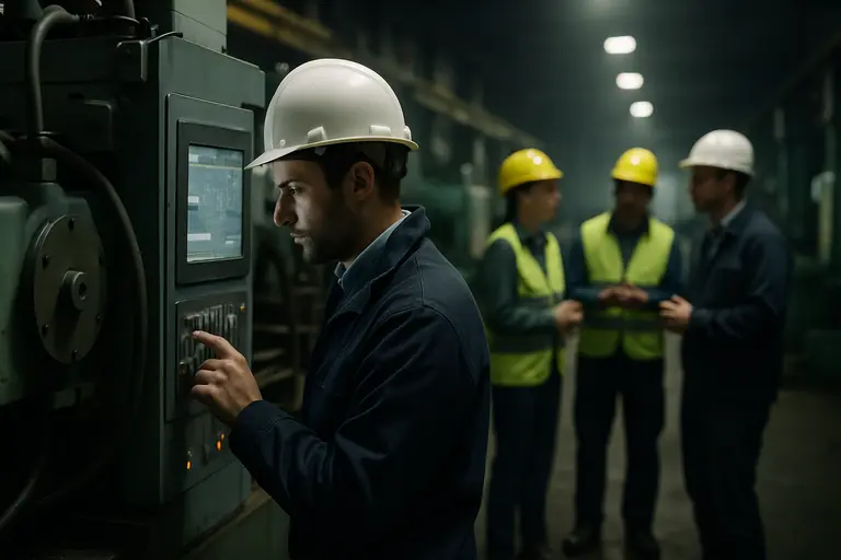 Engineer reviewing reactor data beside tubing and measurement equipment
