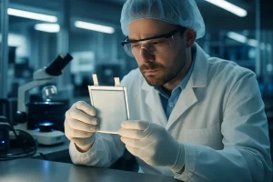 AI Solid-State Batteries research station with models and battery material samples