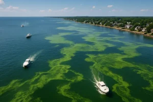Research vessel sampling coastal water to study algal bloom trends near an estuary