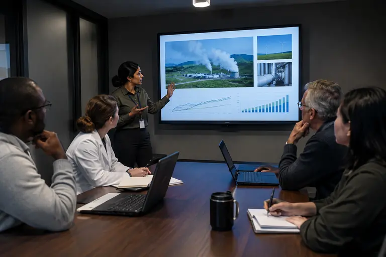 Analysts reviewing energy system charts in a control room