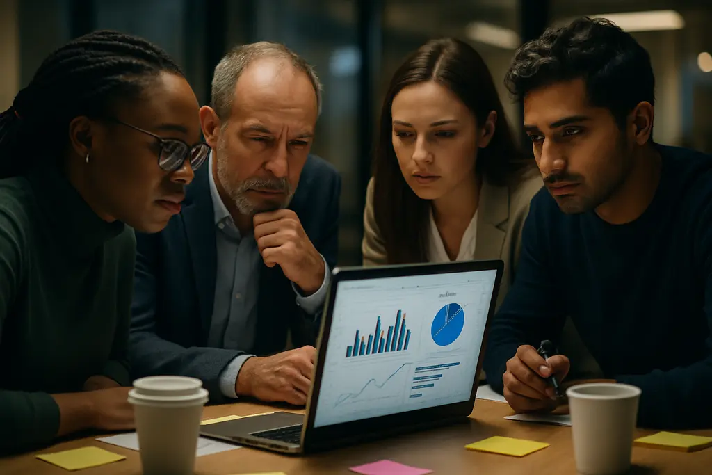 Generative AI adoption meeting with analysts reviewing firm readiness data