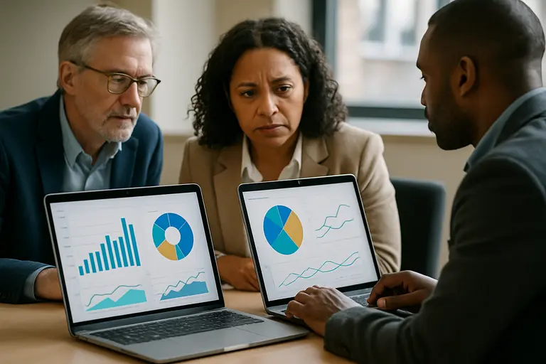 Research administrators comparing funding charts on laptops in a meeting room